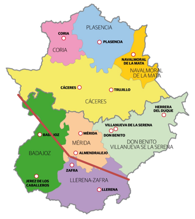 Mapa de Extremadura por provincias